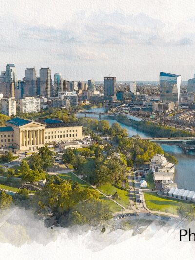 Philadelphia Pensylvania sketch watercolor canvas, Philadelphia watercolor skyline and Schuykill River, Watercolor, Philly watercolor