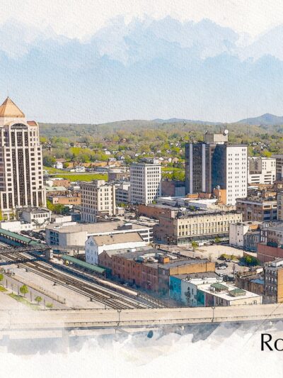 Roanoke Virginia sketch watercolor skyline canvas, Roanoke watercolor Canvas Wall Art, Roanoke Virginia wall art canvas, Roanoke canvas art