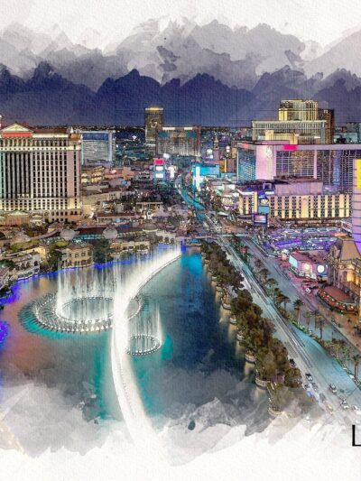 Las Vegas watercolor skyline, Las Vegas skyline print, Wall canvas, Sketch Watercolor print Las Vegas at night photo, Las Vegas art print