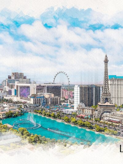 Las Vegas watercolor skyline, Las Vegas skyline print, Wall canvas, Sketch Watercolor print Las Vegas at night photo, Las Vegas art print