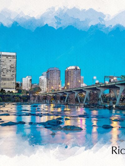 Richmond Virginia watercolor, Richmond watercolor Canvas, Richmond James River skyline, Richmond Wall canvas, Virginia skyline art