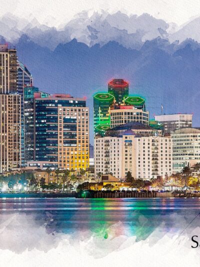 San Diego California watercolor skyline canvas, San Diego watercolor San Diego art, San Diego photo, San Diego wall art, Sketch watercolor