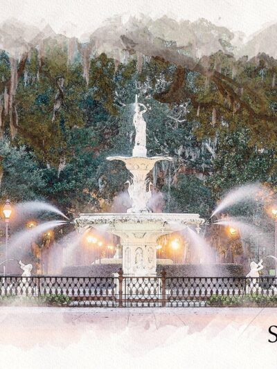 Savannah Georgia watercolor skyline canvas, Savannah Canvas,  Savannah wall canvas, Forsyth Park, Savannah watercolor waterfront