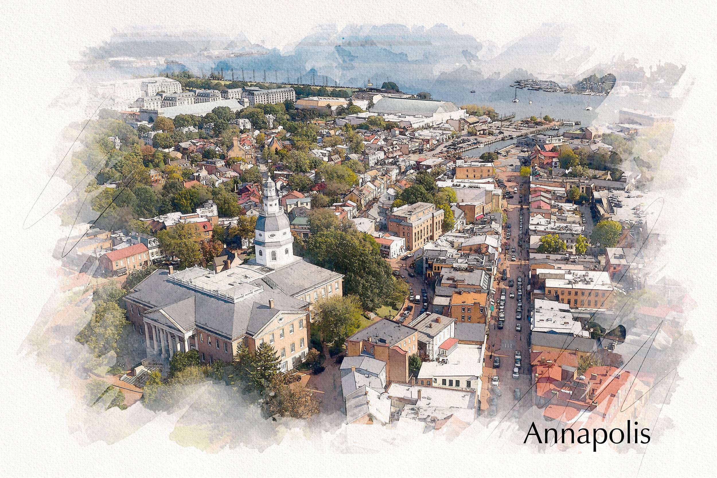 Annapolis sketch skyline watercolor, Annapolis watercolor Canvas, Annapolis Maryland Canvas Wall Art, Annapolis watercolor, Annapolis
