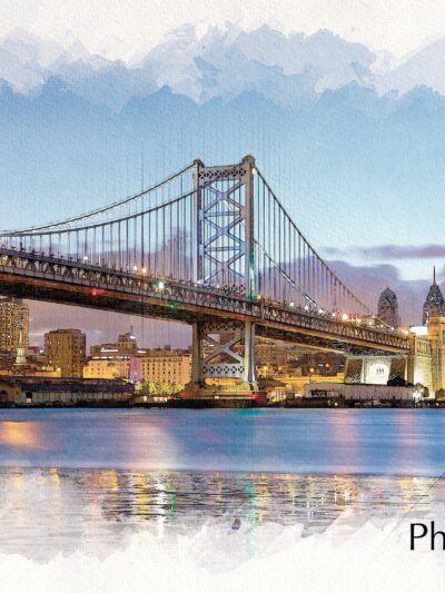 Philadelphia Pensylvania sketch watercolor canvas, Philadelphia watercolor skyline and Schuykill River, Watercolor, Philly watercolor