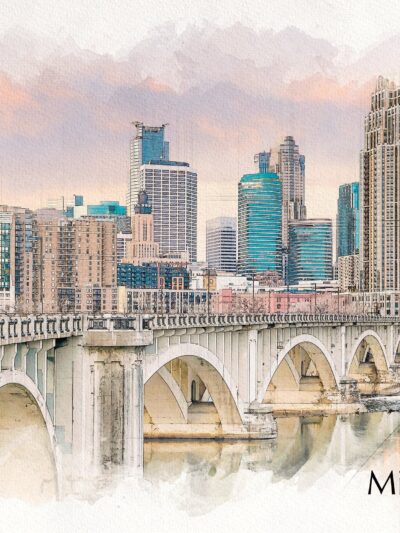Minneapolis sketch watercolor on Canvas, Minneapolis Minnesota City skyline,  Minneapolis watercolor, Minneapolis watercolor Canvas