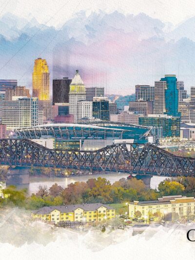 Cincinnati watercolor canvas skyline, Cincinnati Canvas, Cincinnati sketch watercolor skyline, Cincinnati Wall canvas wall art