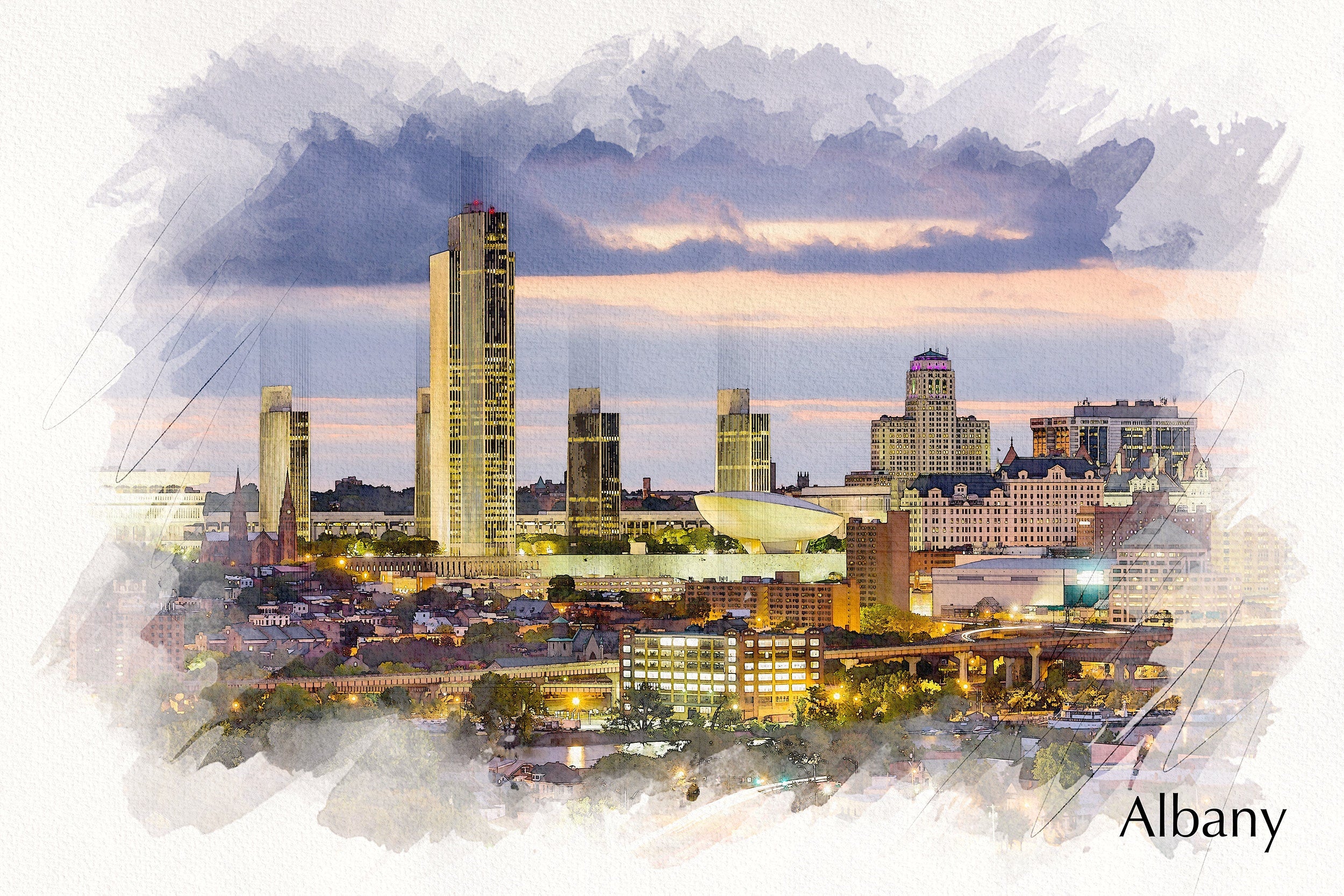 Albany NY watercolor skyline canvas, Albany sketch watercolor on Canvas, Albany Canvas Wall Art, Albany canvas, Albany wall art, Albany NY