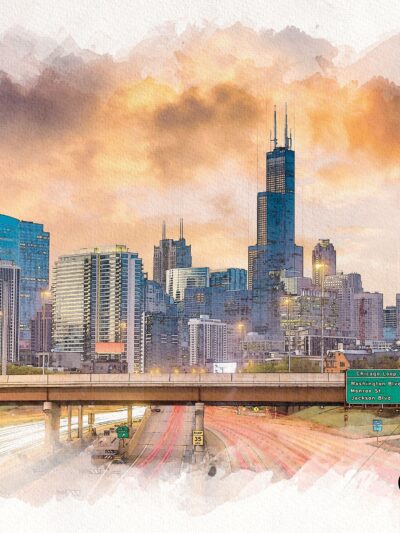Chicago watercolor skyline, Chicago Canvas, Chicago canvas skyline, Chicago watercolor skyline Wall canvas, Windy city wall art Chicago art,