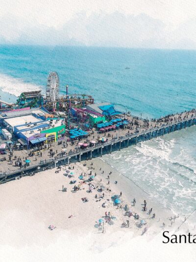 Santa Monica watercolor Californina , Santa Monica watercolor wall canvas,  California watercolor photo, Ferris Wheel wall art