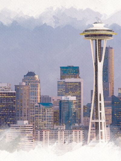Seattle skyline watercolor canvas, Seattle Canvas, Seattle sketch watercolor skyline, Seattle Wall canvas, Watercolor Seattle Washington