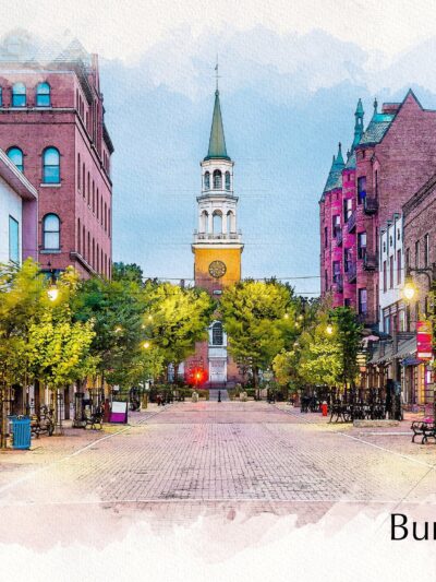 Burlington Vermont watercolor canvas, Vermont sketch watercolor, Burlington Vermont  Wall Art,  Lake Champlain wall art, New England street