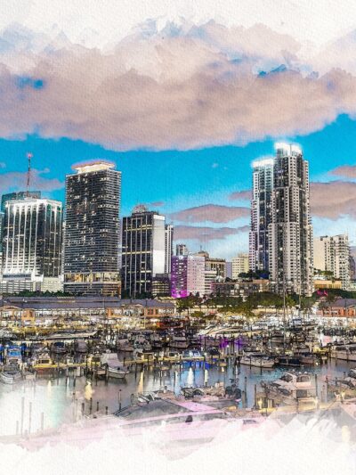 Miami watercolor Skyline, Miami watercolor Canvas, Wall canvas, ,Miami Water Color Canvas Art Print, Miami Beach large canvas