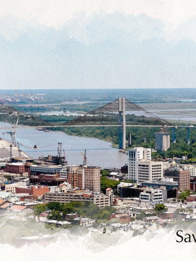 Savannah Georgia watercolor skyline canvas, Savannah Canvas,  Savannah wall canvas, River street, Savannah watercolor waterfront