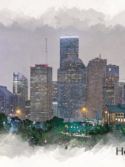 Houston sketch watercolor, TX skyline at dusk, Printed on Canvas, Houston watercolor Texas, City skyline, Large Houston Print, Houston