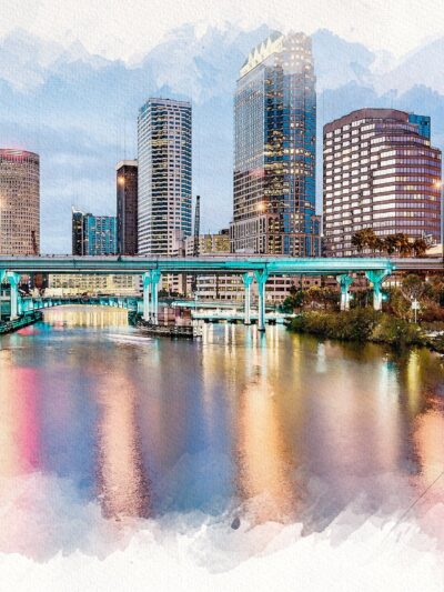 Tampa Florida watercolor, Tampa skyline sketch watercolor, Tampa canvas watercolor, Tampa art, Tampa Bay skyline canvas Tampa Florida