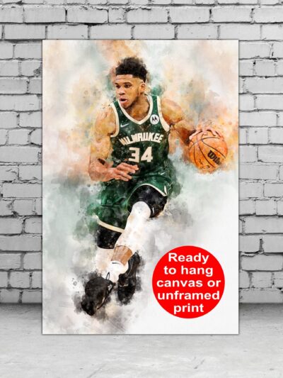 Giannis Antetokounmpo watercolor, Milwaukee Bucks wall art, Bucks NBA Championship winner Canvas, Giannis Antetokounmpo Bucks art wall