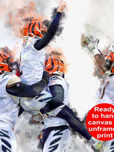 Evan McPherson celebrates with teammates poster watercolor, Cincinnati Bengals Super Bowl, Evan McPherson Cincinnati Bengals poster.