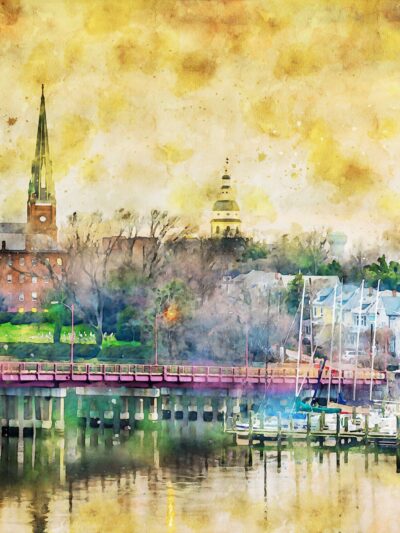 Annapolis skyline watercolor,  Annapolis watercolor Canvas,  Annapolis Maryland Canvas Wall Art, Street scene wall art capital