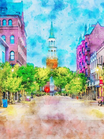 Burlington Vermont watercolor canvas, Vermont watercolor, Burlington Vermont  Wall Art,  Lake Champlain wall art, New England street scene