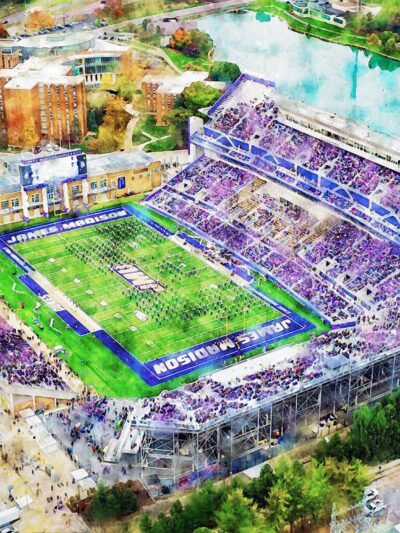 Canvas-Print of James Madison Dukes,  Bridgeforth Stadium, Watercolor Digital Sketch Print Canvas Print, JMU football. Harrisonburg Virginia