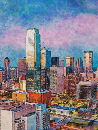 Dallas skyline watercolor, TX canvas watercolor, Dallas watercolor,Texas, City skyline,  Dallas Texas wall art, Canvas gifts, art