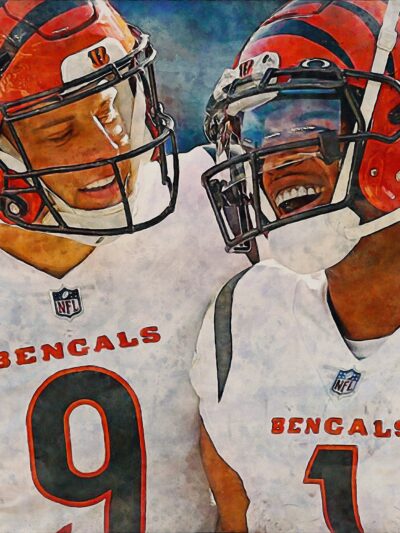 Joe Burrow and Ja'Marr Chase poster watercolor, Cincinnati Bengals Super Bowl, Joe Burrow Cincinnati Bengals poster. Ja/Marr Chase,