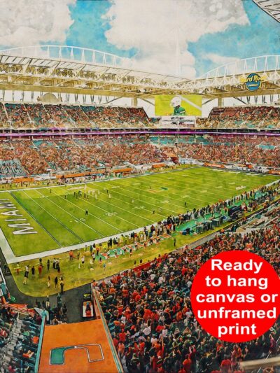 Canvas-Print of Miami Hurricanes , Hard Rock Stadium , Watercolor Digital Sketch Print Canvas Print , Miami University
