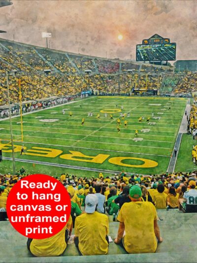 Canvas-Print of Oregon Ducks, Autzen Stadium , Watercolor Digital Sketch Print Canvas Print, University of Oregon, Eugene Oregon