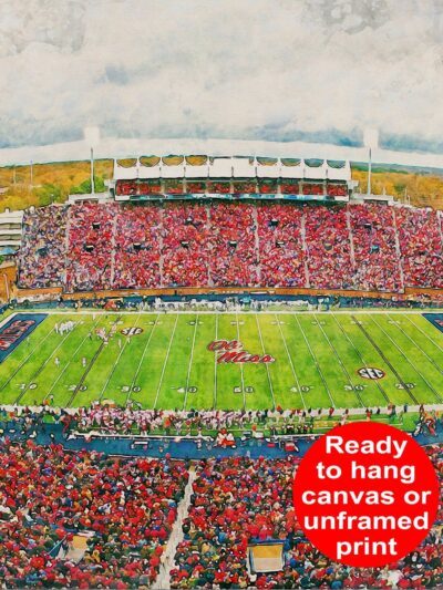 Canvas-Print of Ole Miss Rebels, Vaught Hemingway Stadium , Watercolor Digital Sketch Print Canvas Print, University of Mississippi