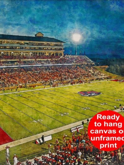 Canvas-Print of Liberty Flames, Williams Stadium , Watercolor Digital Sketch Print Canvas Print, Lynchburg Virginia, Liberty University