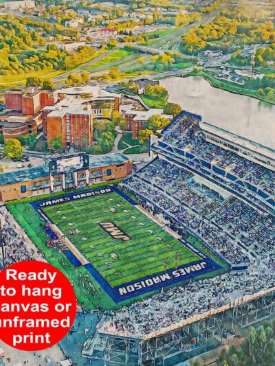 Canvas-Print of James Madison Dukes,  Bridgeforth Stadium, Watercolor Digital Sketch Print Canvas Print, JMU football. Harrisonburg Virginia