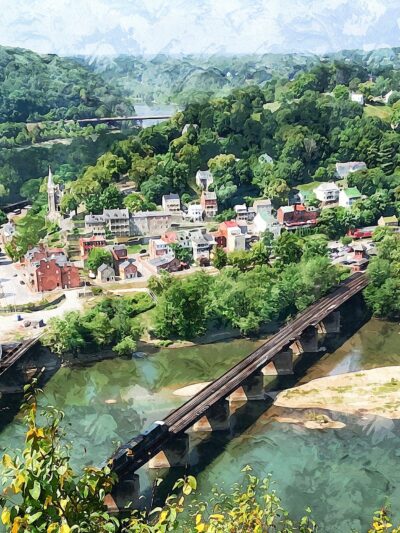 Harpers Ferry watercolor,  Harpers Ferry  Canvas, Harpers Ferry WV Canvas Wall Art, Harpers Ferry watercolor    Civil War wall art,