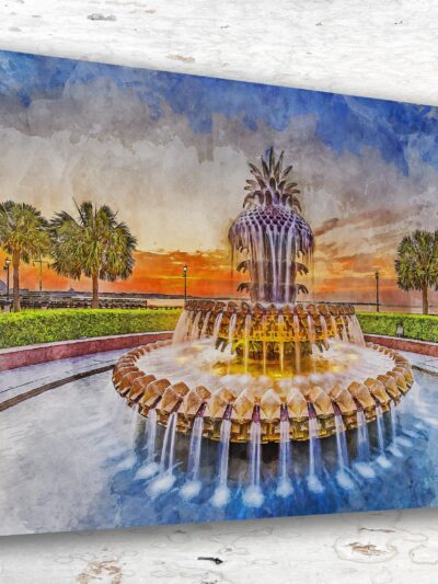 Charleston Pineapple Fountain canvas watercolor, Charleston SC Wall Art, Charleston SC Print, Canvas wall art, Charleston SC Watercolor art