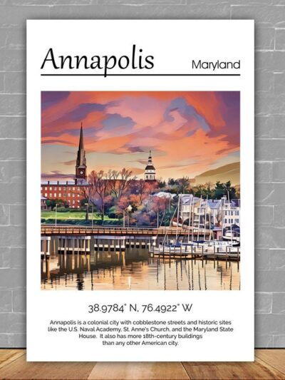 Annapolis Maryland travel art canvas, Annapolis MD Wall Art, Annapolis Print, Annapolis Canvas wall art,  Annapolis Watercolor wall