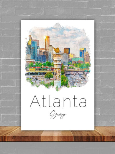 Vibrant Atlanta Skyline Watercolor Canvas - Bright Colors Wall Art for a Pop of Color in Your Home" City name print, Atlanta travel Canvas