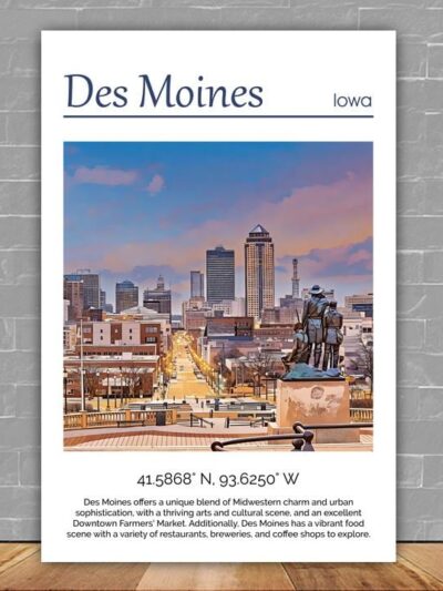 Des Moines Canvas, Des Moines Print,  Des Moines wall art, Des Moines travel art print, Des Moines  Iowa, Des Moines poster