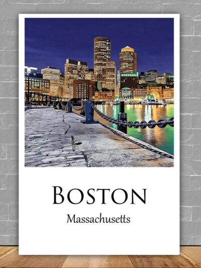 Boston Harbor travel art canvas print, Boston canvas, Boston Print, Boston wall art, Boston Harbor at night