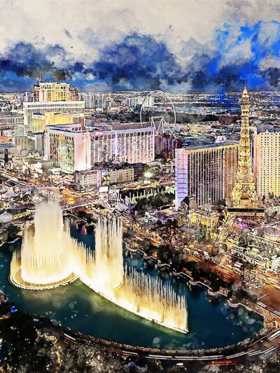 watercolor print of Los Vegas at night