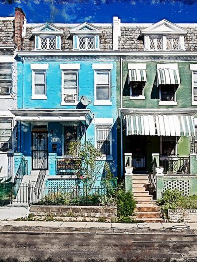 a front facing print of a street with colorful houses done in a watercolor style