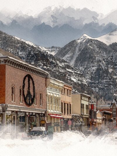 watercolor print of telluride Colorado, the border is white